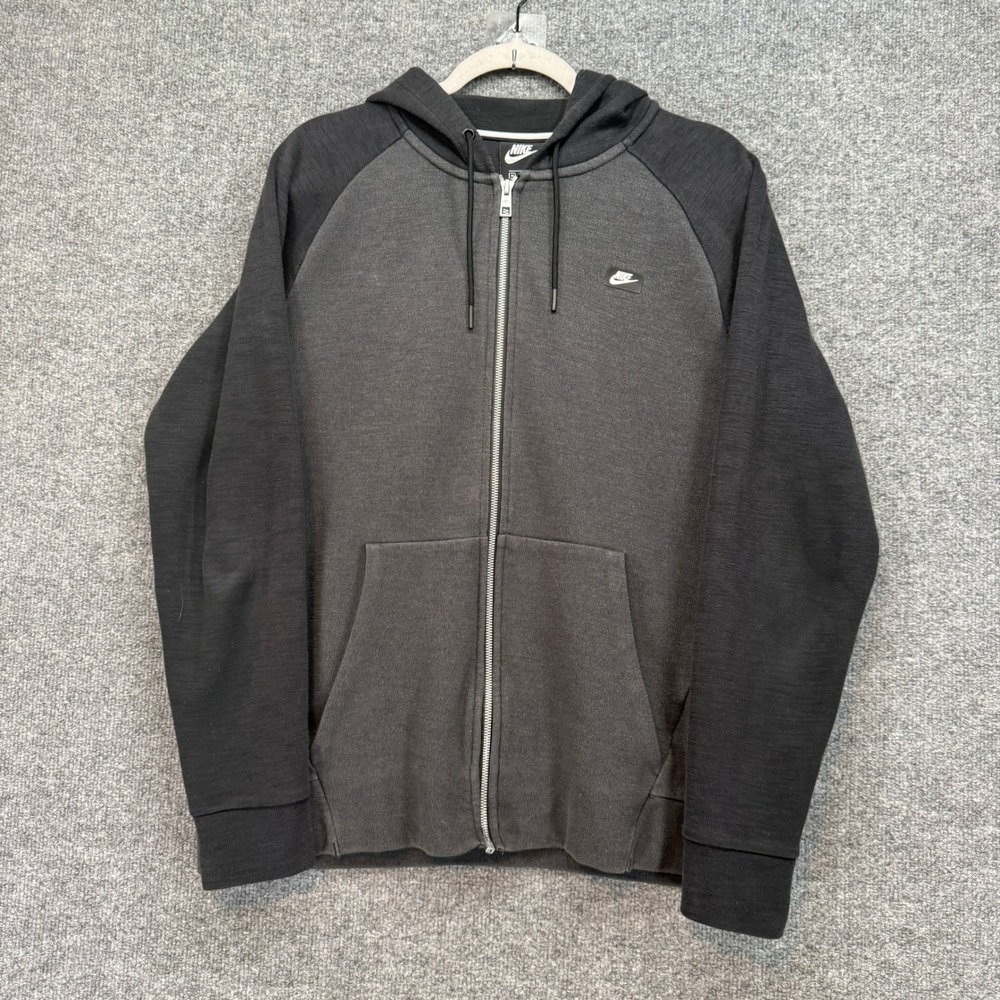 Nike Hoodie Mens Medium Black Grey Optic Fleece Raglan Sweatshirt Zip Up‎ Swoosh